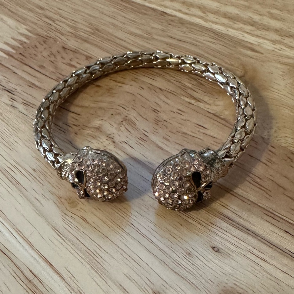 Gold Skull Bracelet With Pink Gems on Skulls - Picture 2 of 5